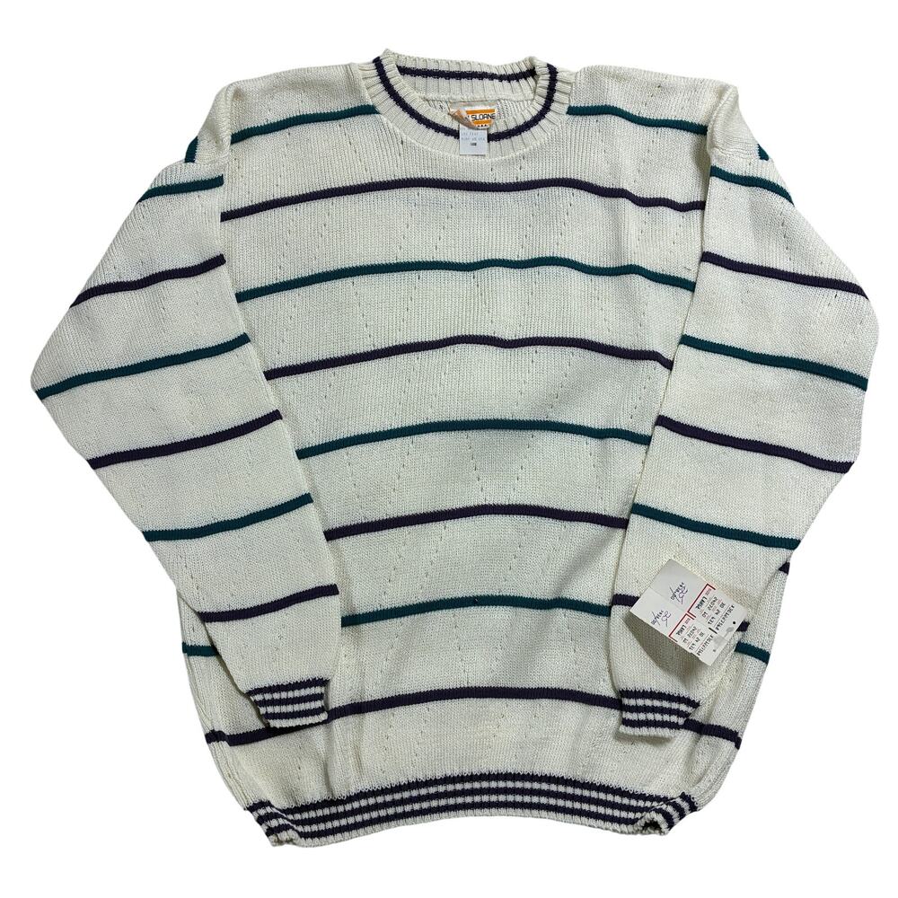 Vintage Adam Sloane Sweater Mens Large Ivory Striped Crew Acrylic USA Made NEW